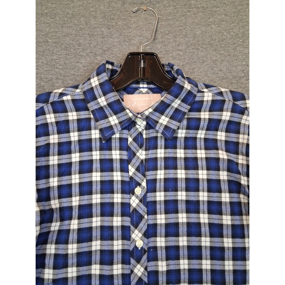 Banana Republic Womens Shirt M Blue Plaid Flannel Soft Washed Academia Preppy